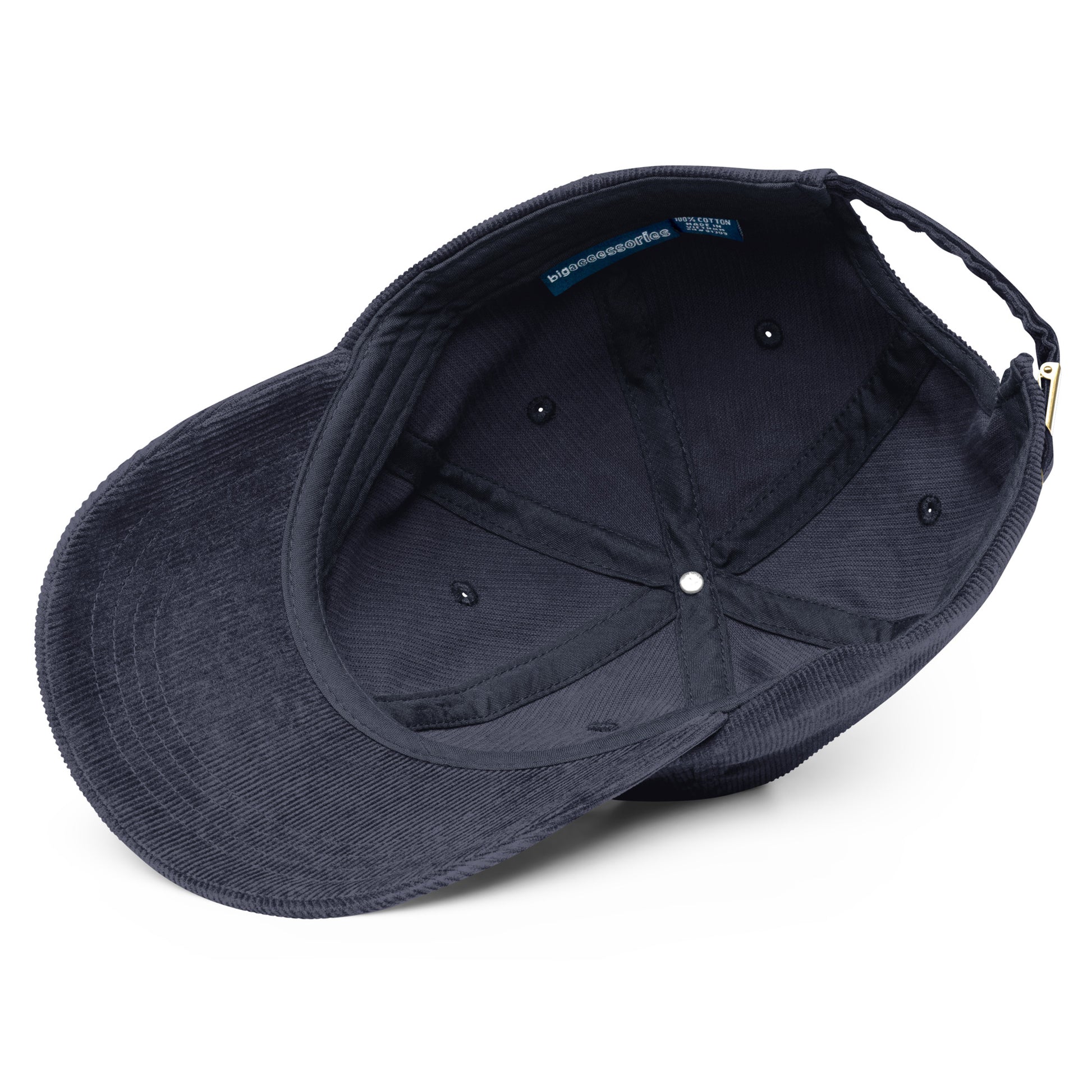 Adjustable vintage corduroy cap with Ukrainian Tryzub emblem, interior view showcasing retro design and craftsmanship.