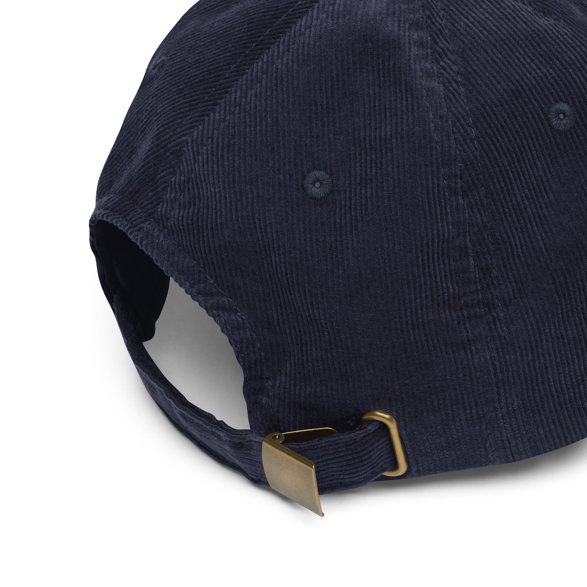 Vintage navy corduroy cap with adjustable brass buckle strap, showcasing back view.