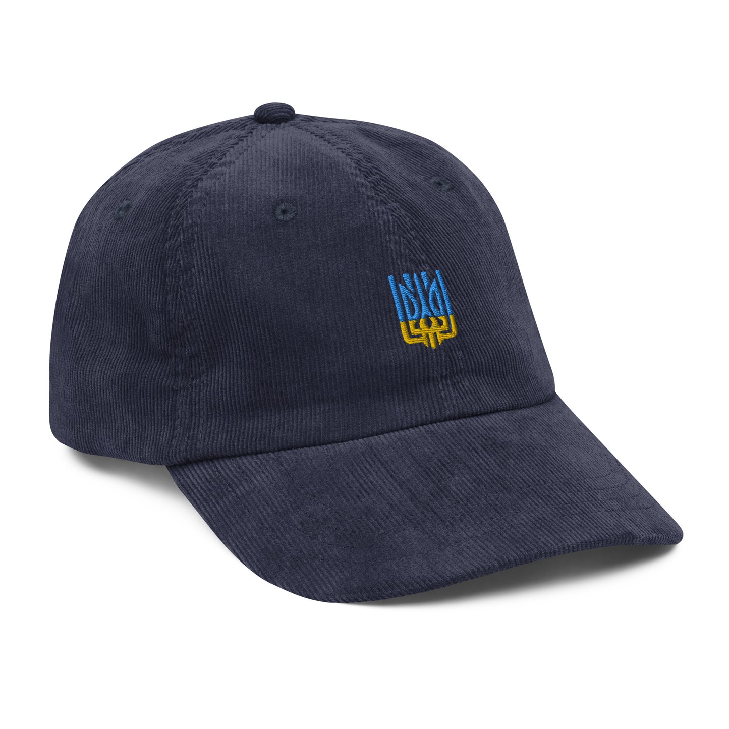 Vintage corduroy cap with Ukrainian Tryzub emblem, retro style adjustable hat for men and women, in classic navy blue.