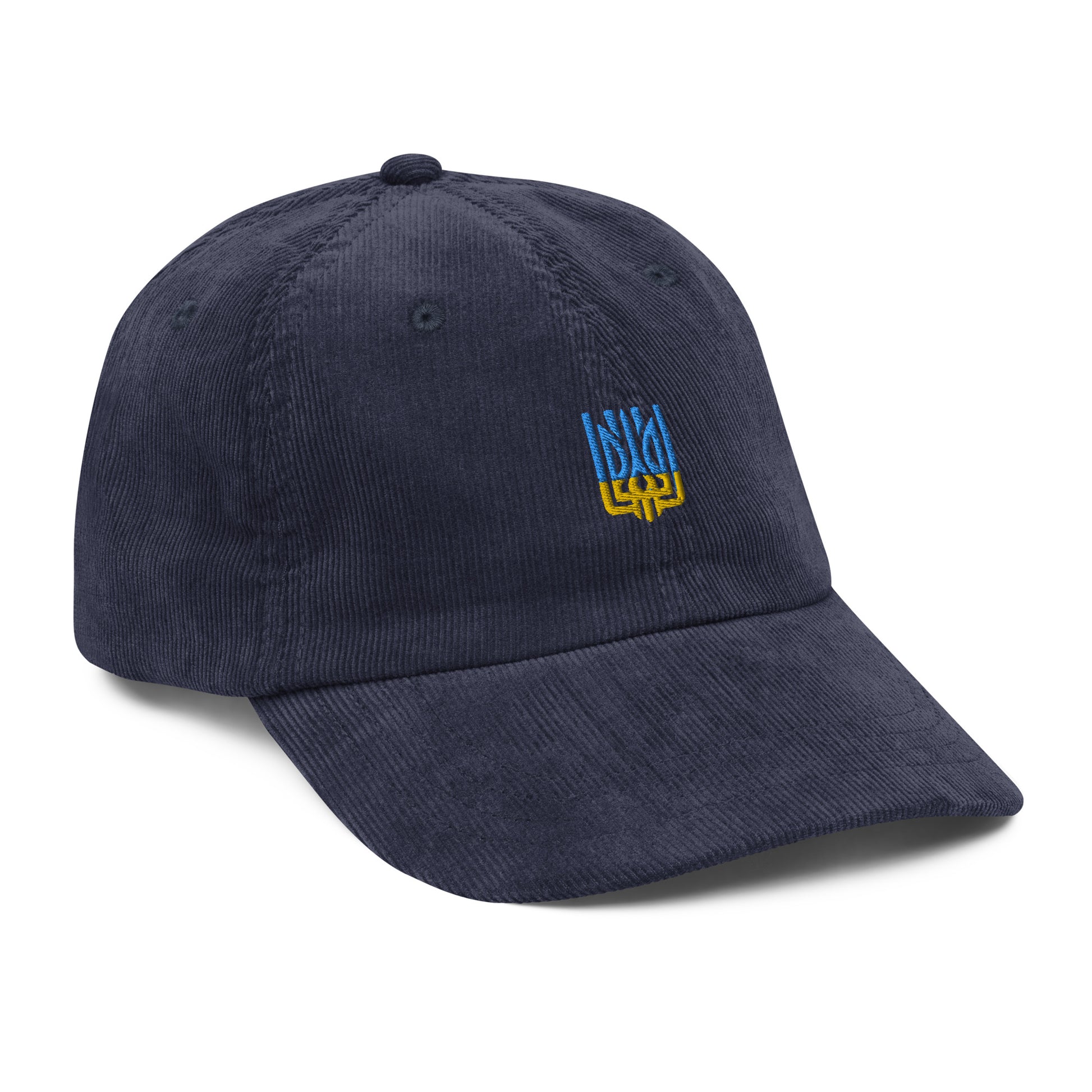 Vintage corduroy cap with Ukrainian Tryzub emblem, retro style adjustable hat for men and women, in classic navy blue.