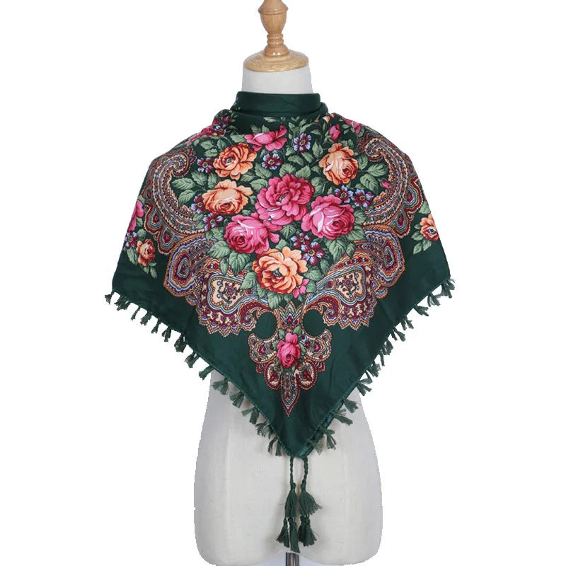 Vintage Ukrainian embroidered headscarf with floral design on mannequin, showcasing elegant cultural heritage in a cotton blend fabric.