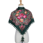 Vintage Ukrainian embroidered headscarf with floral design on mannequin, showcasing elegant cultural heritage in a cotton blend fabric.