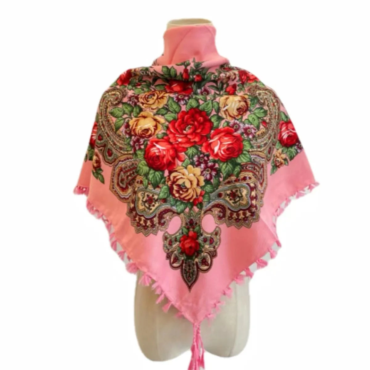 Vintage Ukrainian embroidered headscarf with floral design on mannequin, pink cotton blend fabric, cultural fashion accessory.