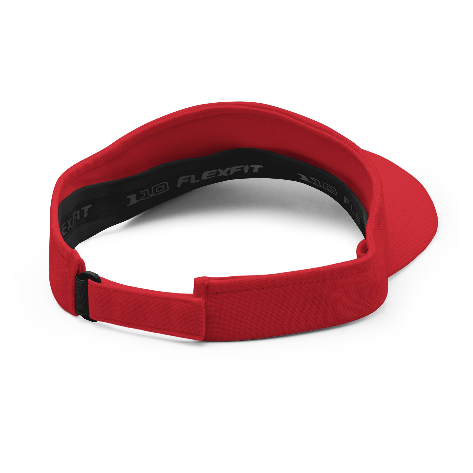 Red adjustable visor with Flexfit band, back view showcasing comfort and style for outdoor activities.