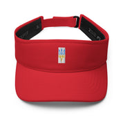 Red sun visor with Ukrainian Tryzub emblem, adjustable for comfortable fit, ideal for women’s casual wear and outdoor activities.