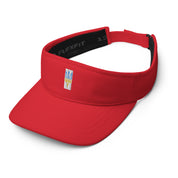 Red adjustable visor with Ukrainian Tryzub emblem, ideal for summer outings and outdoor activities.