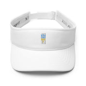 White visor with Ukrainian Tryzub emblem on the front, adjustable strap, ideal for summer fashion and sun protection.