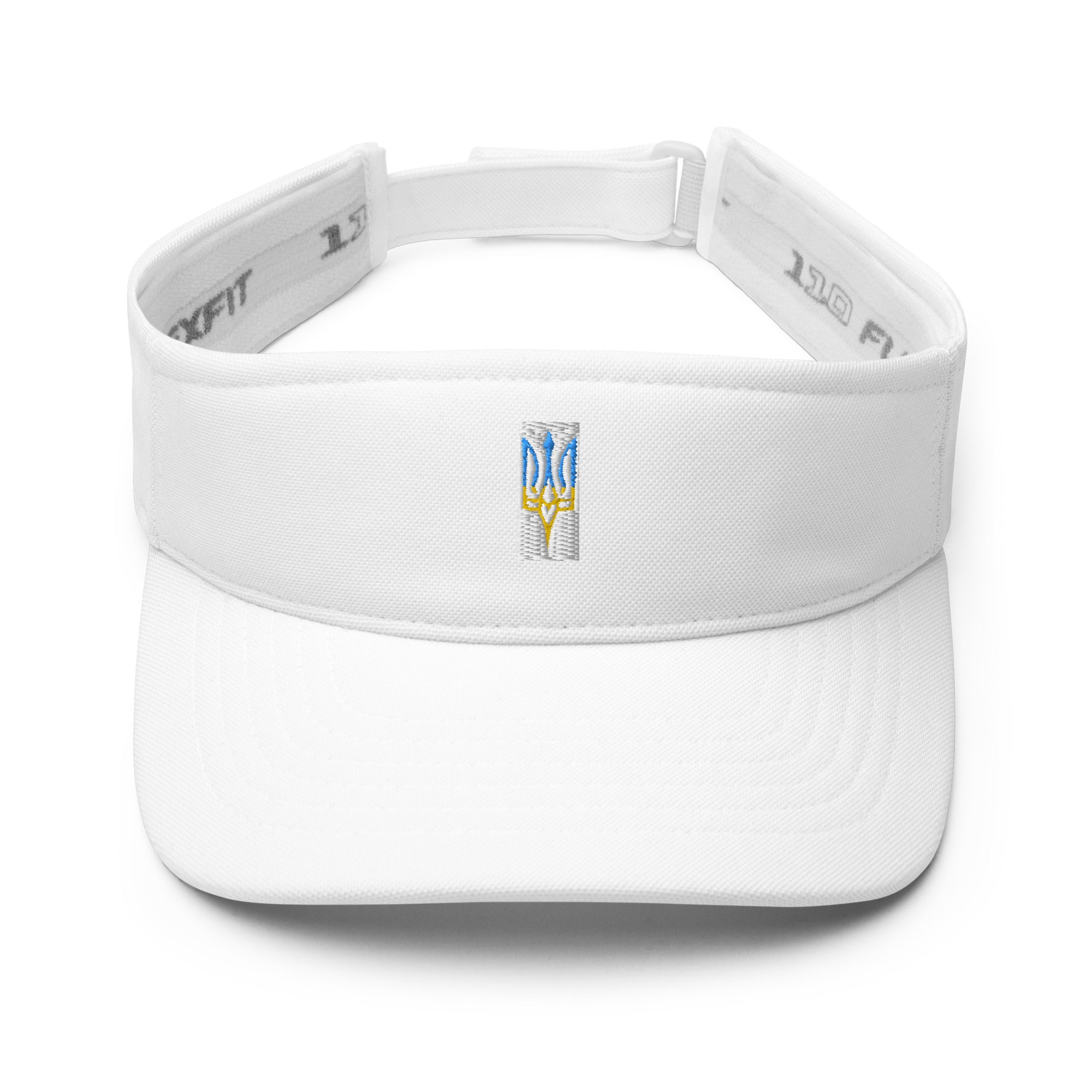 White visor with Ukrainian Tryzub emblem on the front, adjustable strap, ideal for summer fashion and sun protection.