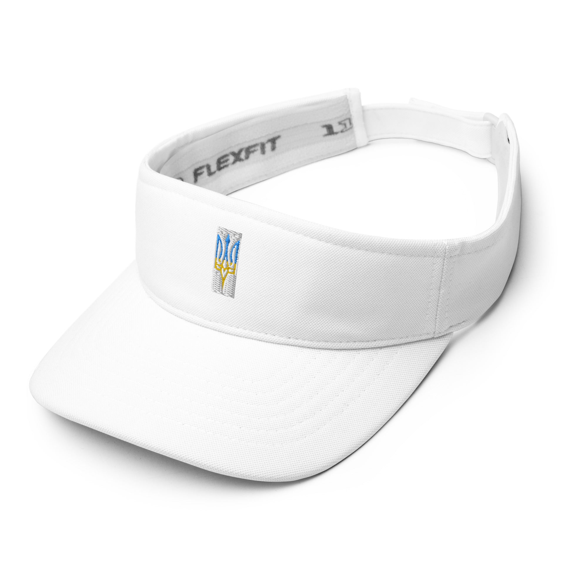 White visor with Ukrainian Tryzub emblem, adjustable summer cap for women, stylish sun protection with cultural pride.