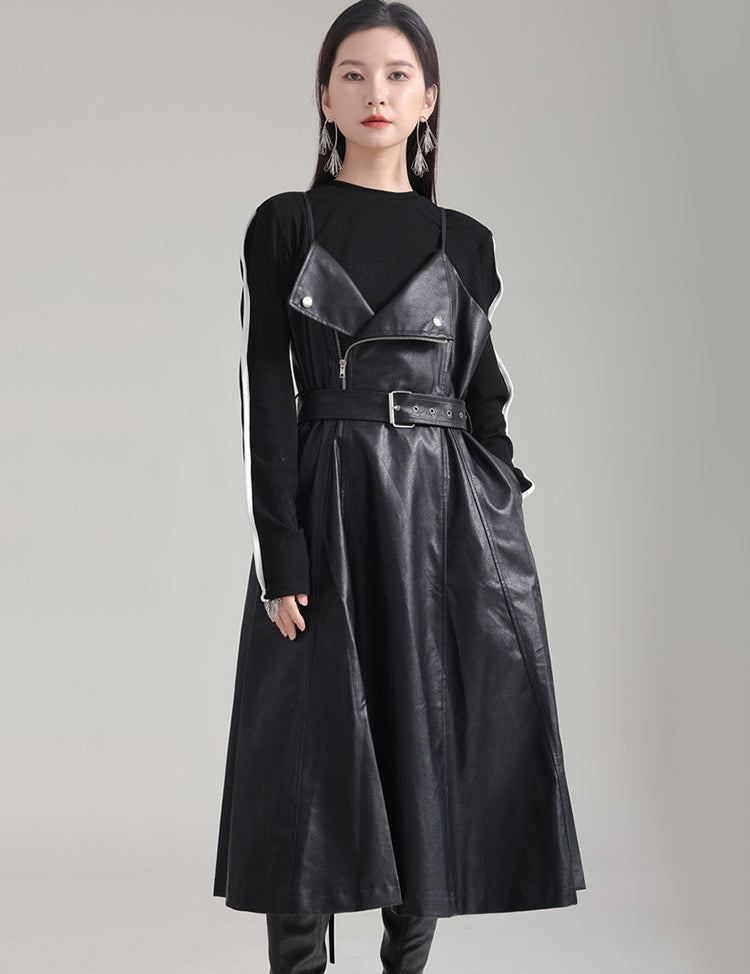 Woman wearing Vylar Vegan Leather A-Line Dress, featuring sleek design, O-neckline, and spaghetti straps