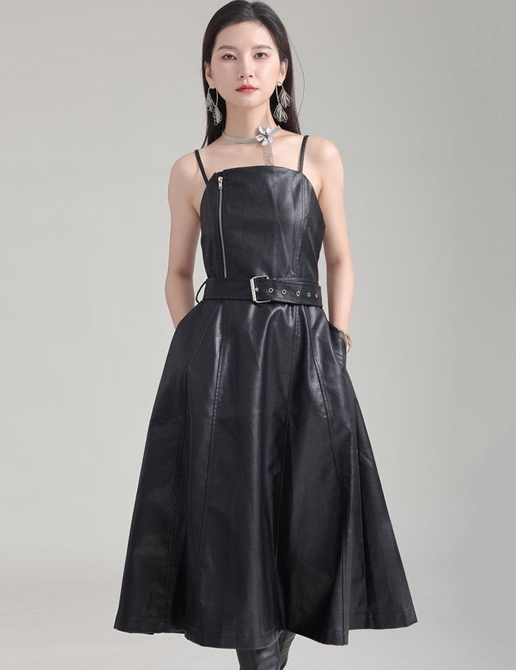 Vylar Vegan Leather A‑Line Dress with spaghetti straps, sleek modern design, black semi-matte finish, perfect for versatile styling.