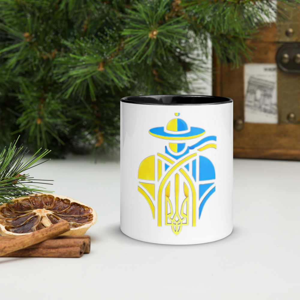 Ceramic Mug with Color Interior and Ukrainian Tryzub Cossack Design – Blue and Yellow Patriotic Coffee Cup, Ideal Gift for Ukraine Supporters