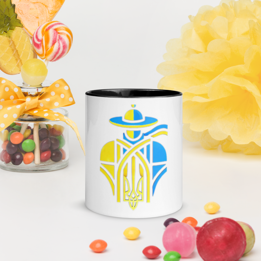 Ceramic Mug with Color Interior and Ukrainian Tryzub Cossack Design – Blue and Yellow Patriotic Coffee Cup, Ideal Gift for Ukraine Supporters