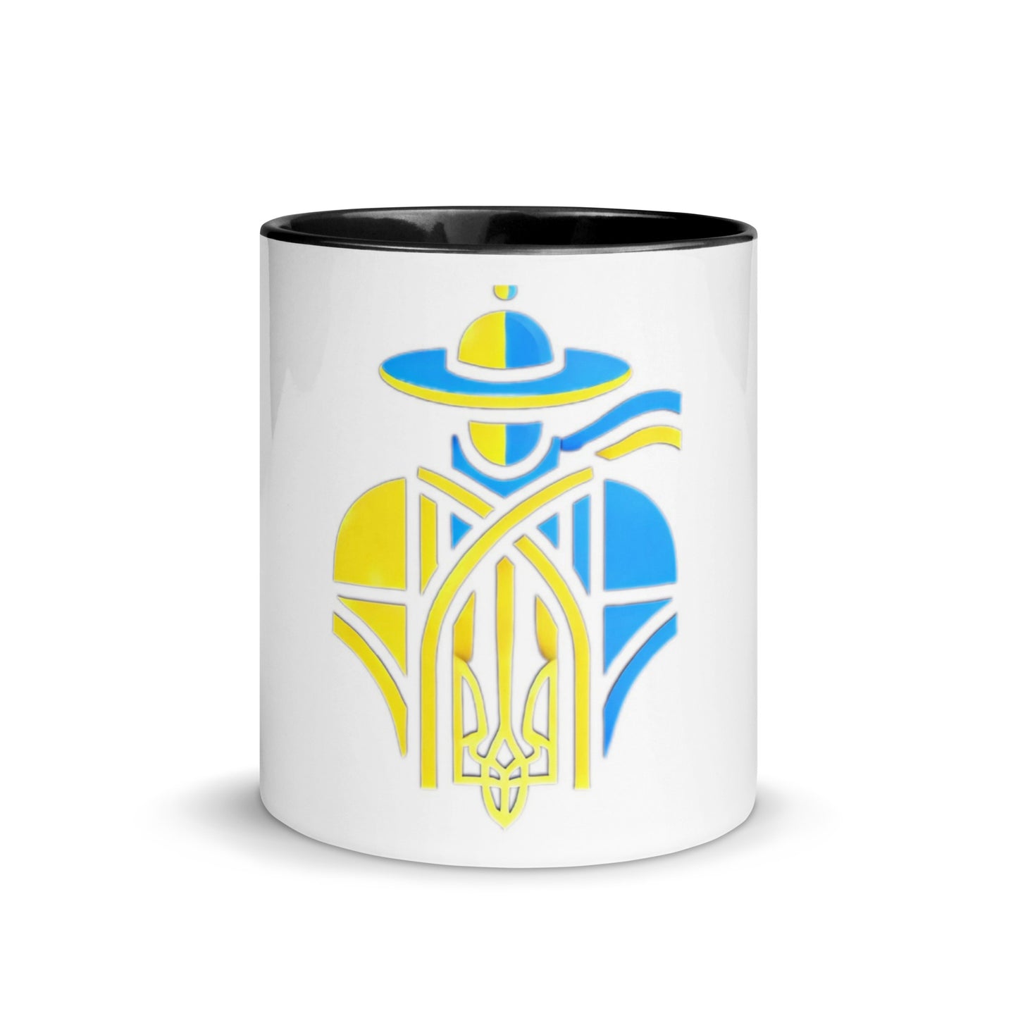 Ceramic Mug with Color Interior and Ukrainian Tryzub Cossack Design – Blue and Yellow Patriotic Coffee Cup, Ideal Gift for Ukraine Supporters