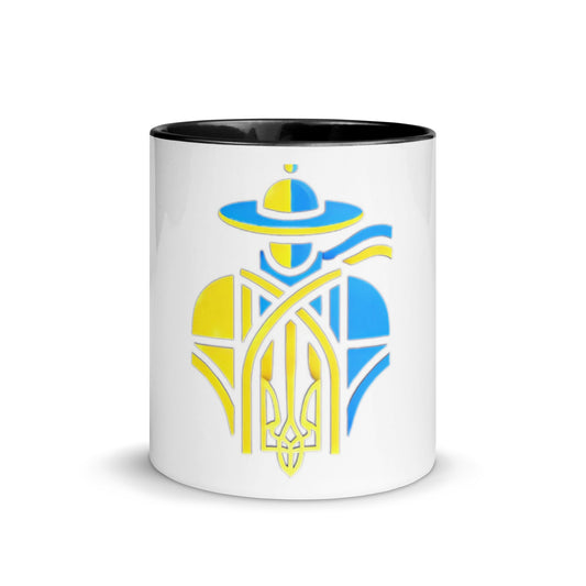 Ceramic Mug with Color Interior and Ukrainian Tryzub Cossack Design – Blue and Yellow Patriotic Coffee Cup, Ideal Gift for Ukraine Supporters