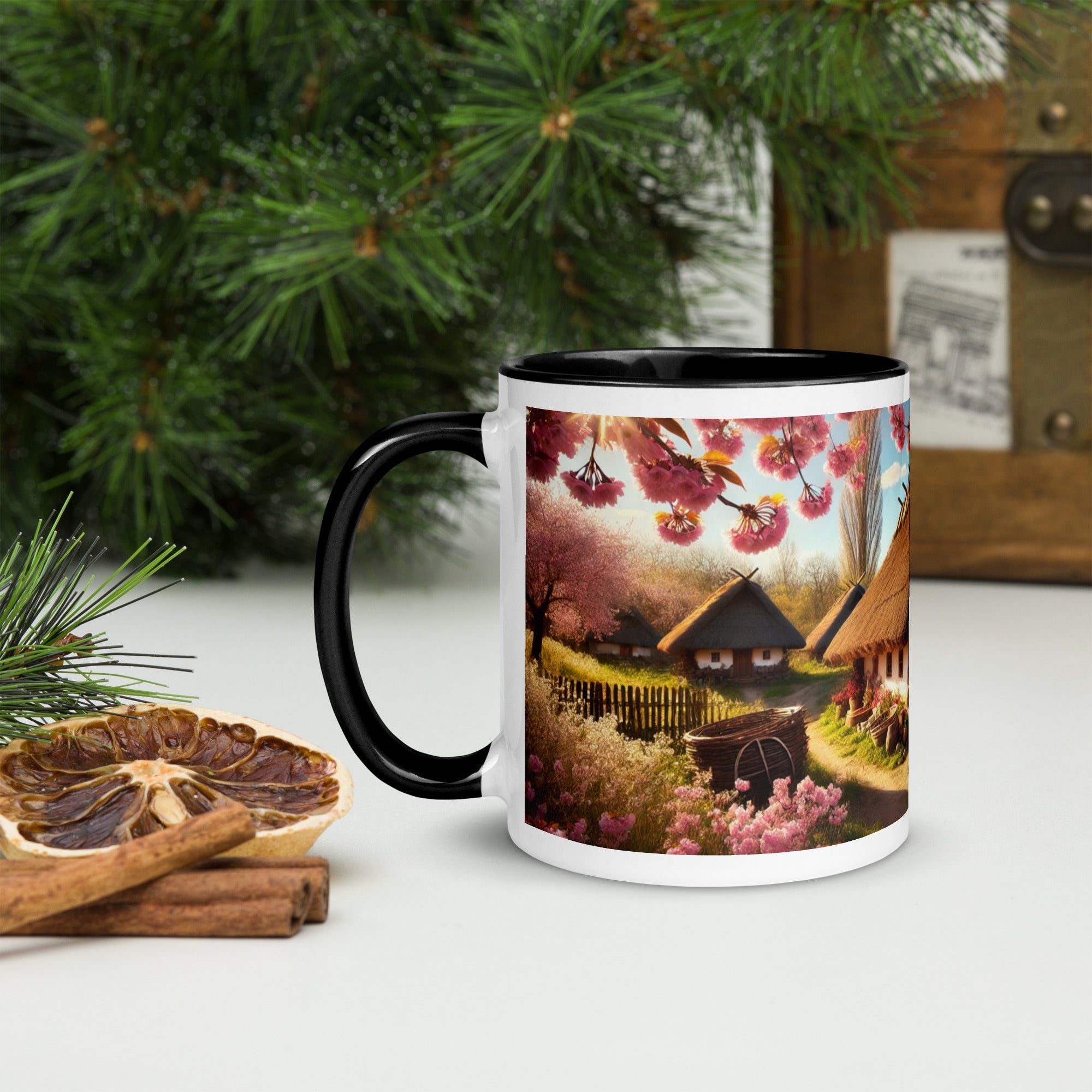 Ceramic mug with Ukrainian cottage and cherry orchard design, featuring a vibrant handle, rim, and interior on a cozy table setting.