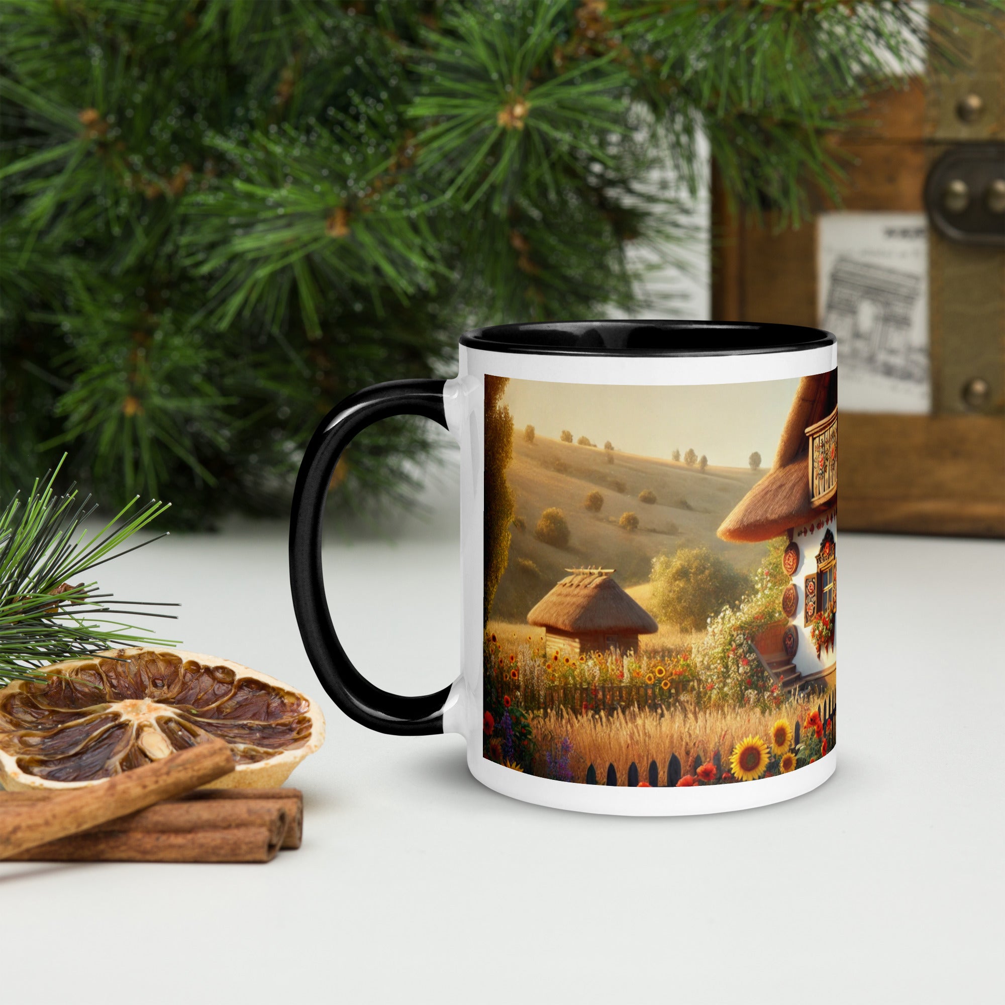 Ukrainian cottage ceramic mug with scenic yard design, colorful rim, and handle, perfect for coffee or tea.