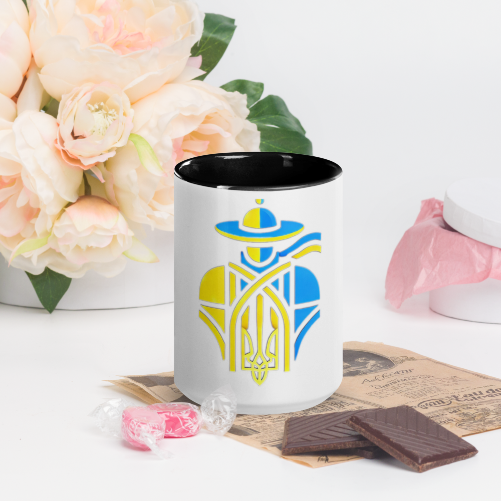 Ceramic Mug with Color Interior and Ukrainian Tryzub Cossack Design – Blue and Yellow Patriotic Coffee Cup, Ideal Gift for Ukraine Supporters