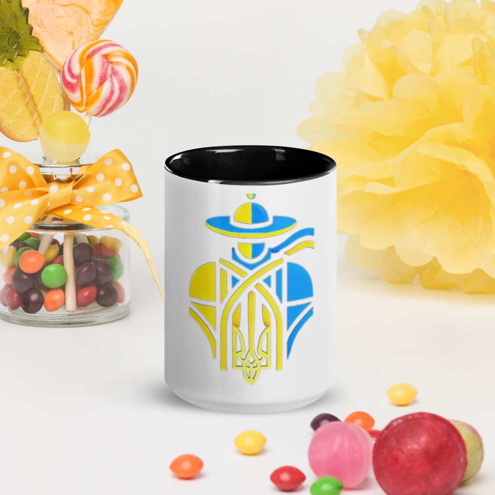 Ceramic Mug with Color Interior and Ukrainian Tryzub Cossack Design – Blue and Yellow Patriotic Coffee Cup, Ideal Gift for Ukraine Supporters