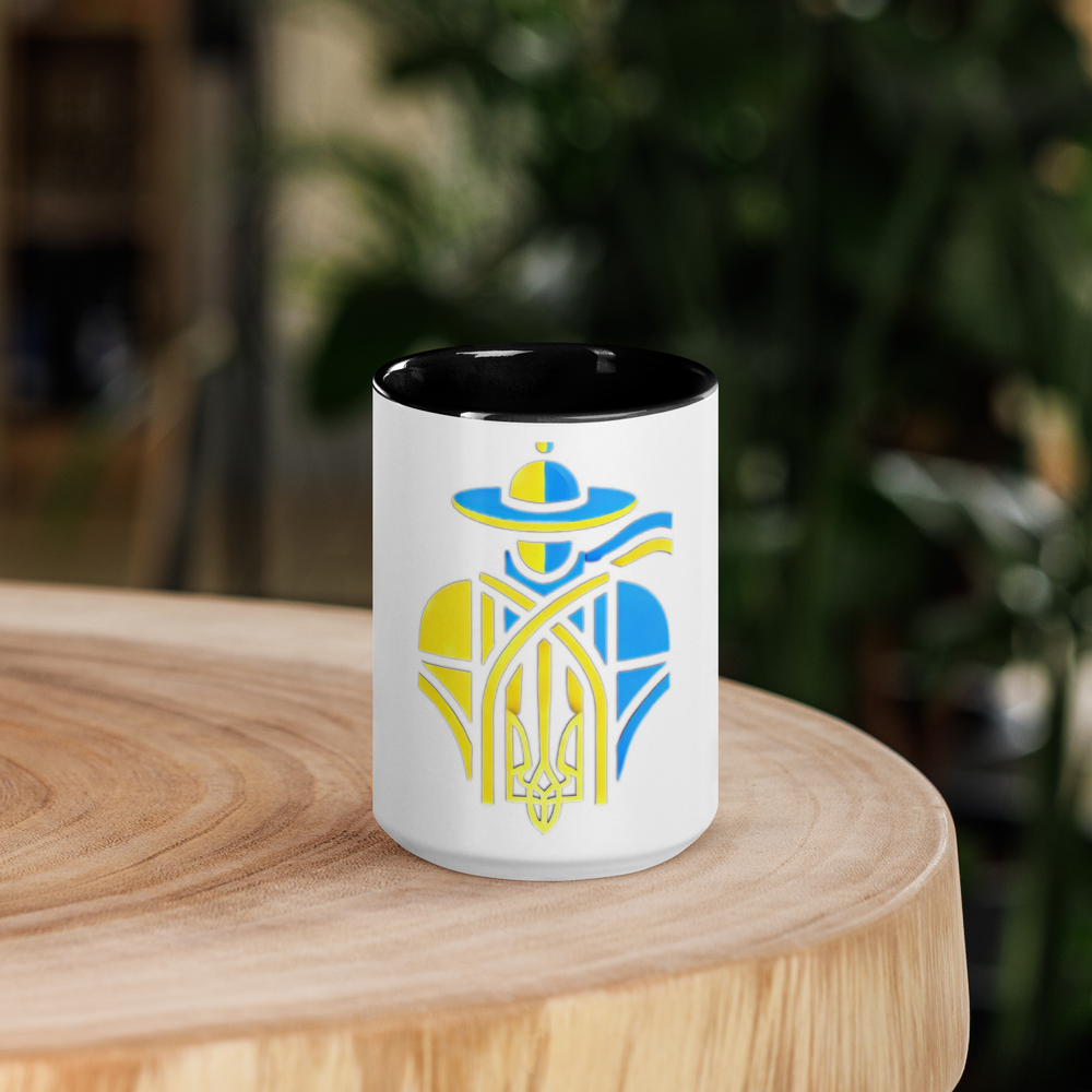 Ceramic Mug with Color Interior and Ukrainian Tryzub Cossack Design – Blue and Yellow Patriotic Coffee Cup, Ideal Gift for Ukraine Supporters