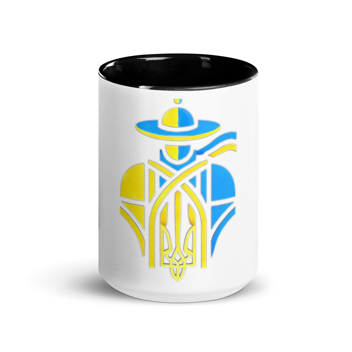 Ceramic Mug with Color Interior and Ukrainian Tryzub Cossack Design – Blue and Yellow Patriotic Coffee Cup, Ideal Gift for Ukraine Supporters