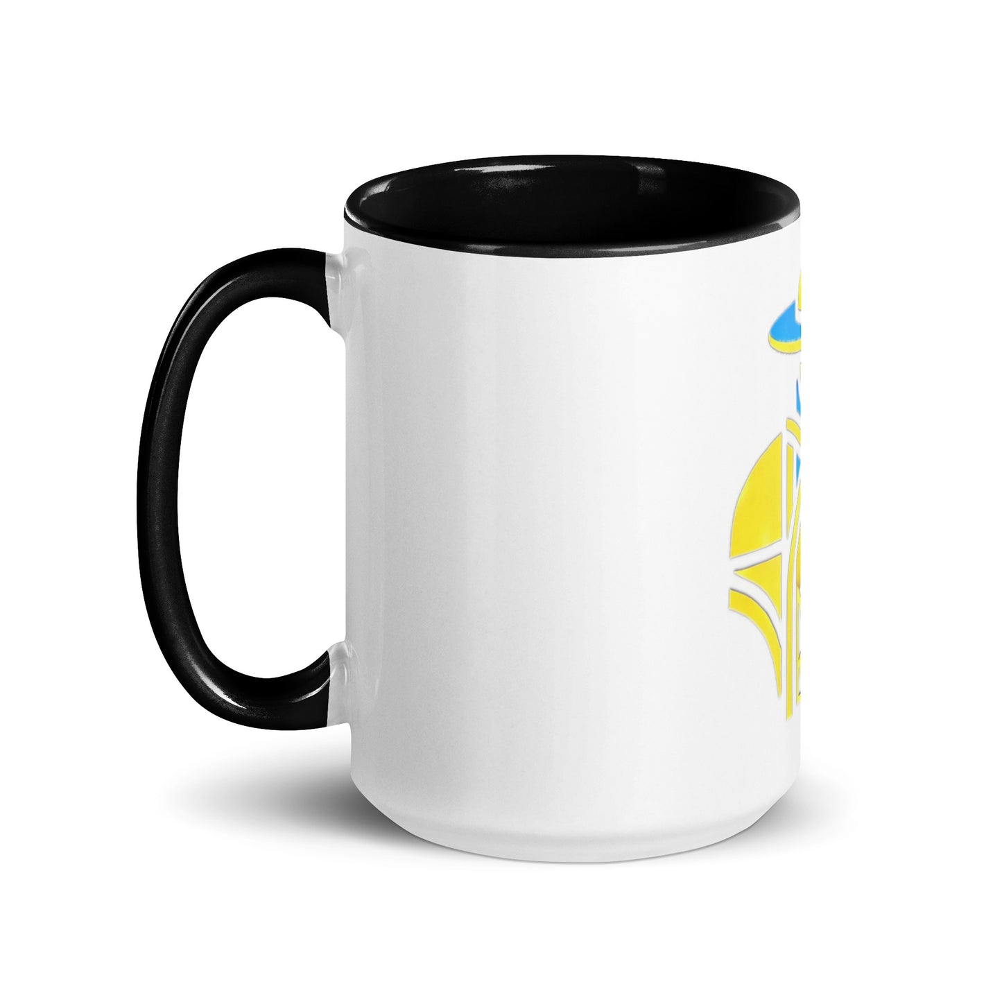 Ceramic Mug with Color Interior and Ukrainian Tryzub Cossack Design – Blue and Yellow Patriotic Coffee Cup, Ideal Gift for Ukraine Supporters