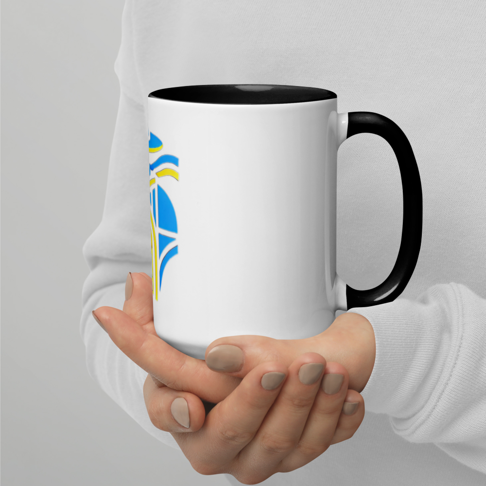 Ceramic Mug with Color Interior and Ukrainian Tryzub Cossack Design – Blue and Yellow Patriotic Coffee Cup, Ideal Gift for Ukraine Supporters