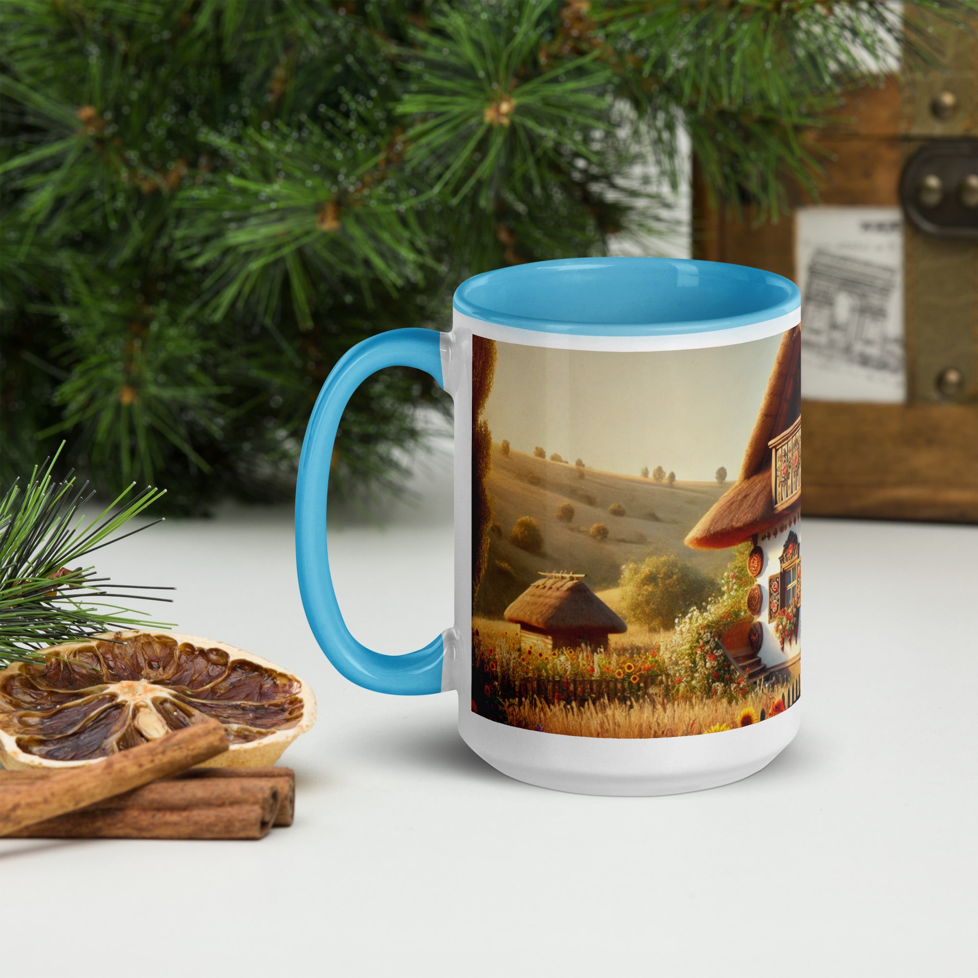Ceramic mug with Ukrainian cottage design, scenic yard, colorful rim, and handle, perfect for coffee or tea lovers.