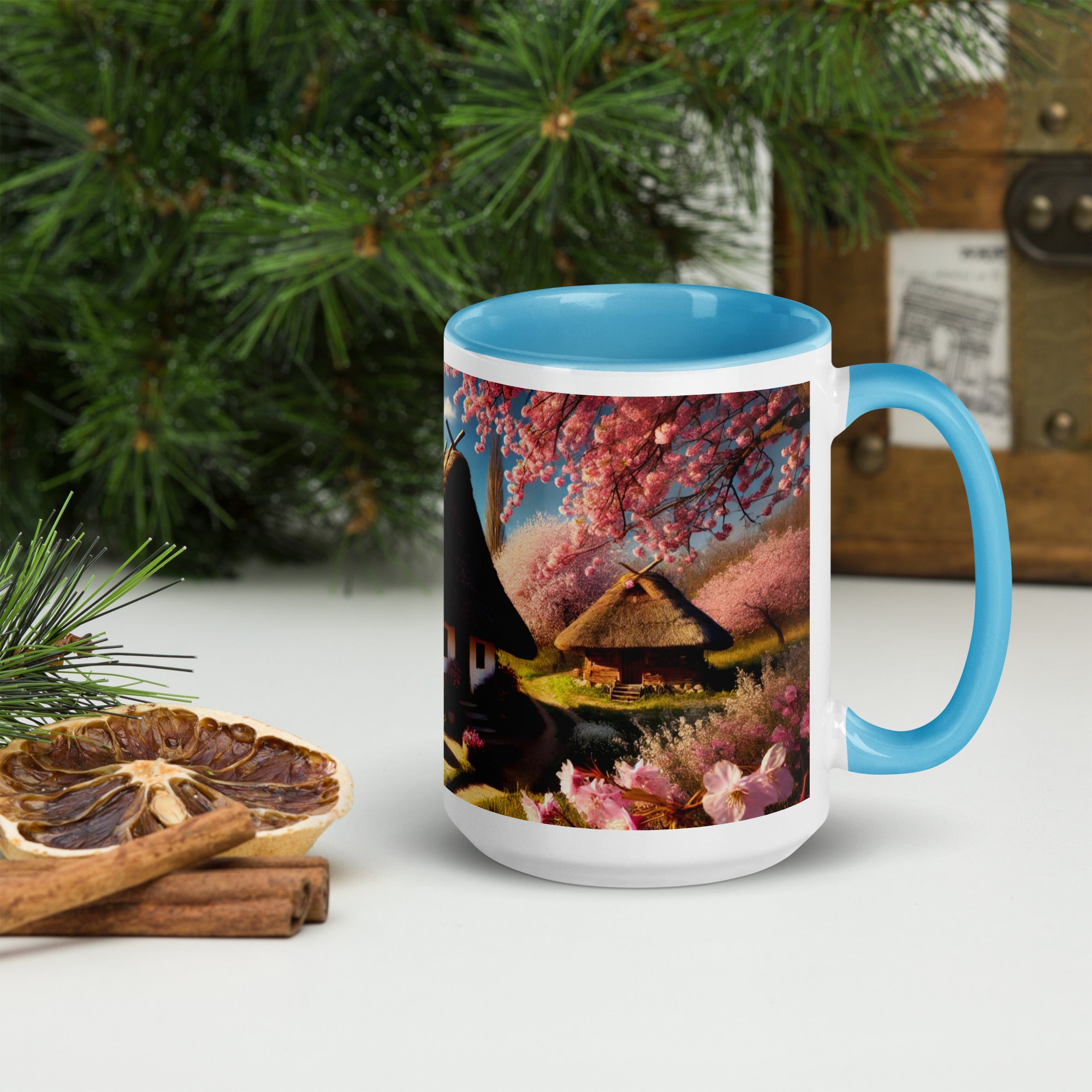 Ukrainian cottage with cherry orchard mug on display with blue handle, surrounded by greenery and dried fruit decor.