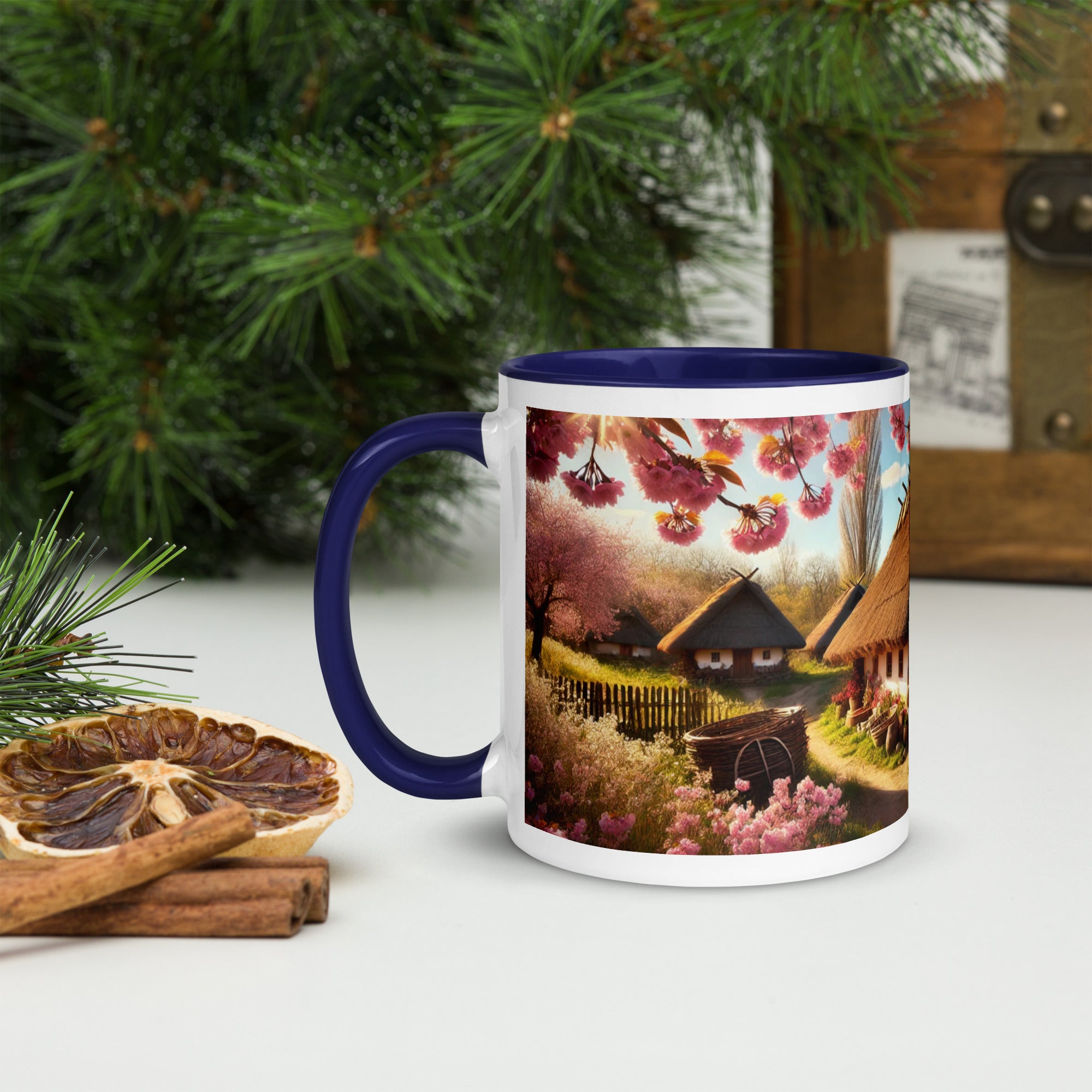 11 oz ceramic mug,15 oz ceramic cup,ceramic cup with Ukraine design,ceramic mug with orchard,cherry orchard coffee mug,colorful handle coffee mug,colorful rim coffee cup,dishwasher safe Ukraine mug,microwave safe ceramic mug,Ukraine design mug,Ukrainian c
