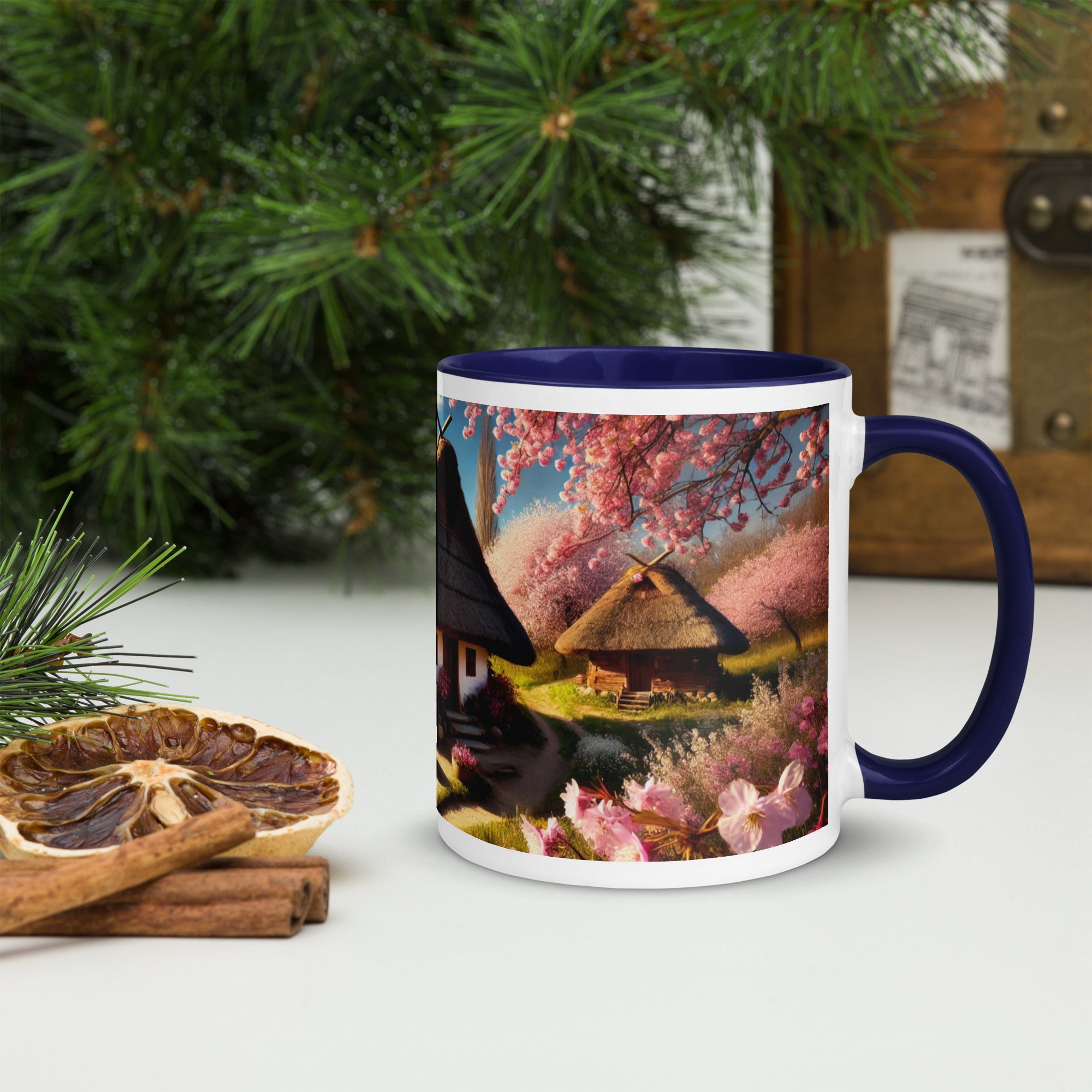 Ceramic mug with a Ukrainian cottage and cherry orchard design, featuring a colorful rim and handle, surrounded by festive decor.