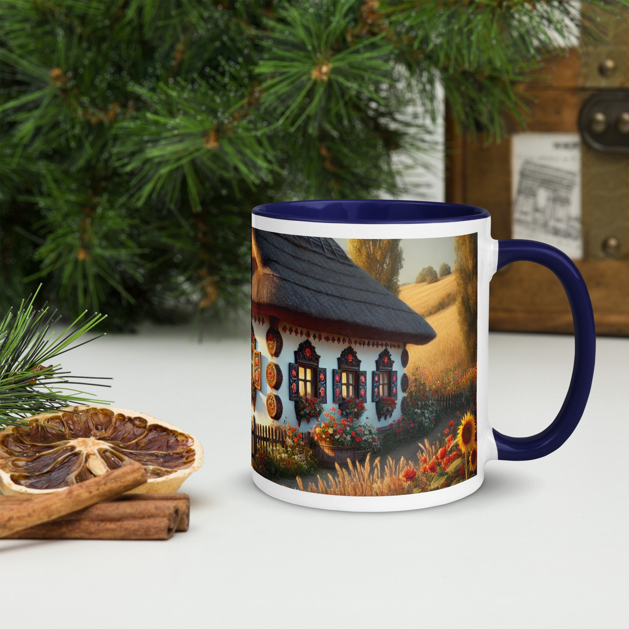 Ceramic mug featuring Ukrainian cottage with scenic yard, colorful rim and handle. Perfect for coffee or tea. Dishwasher safe.