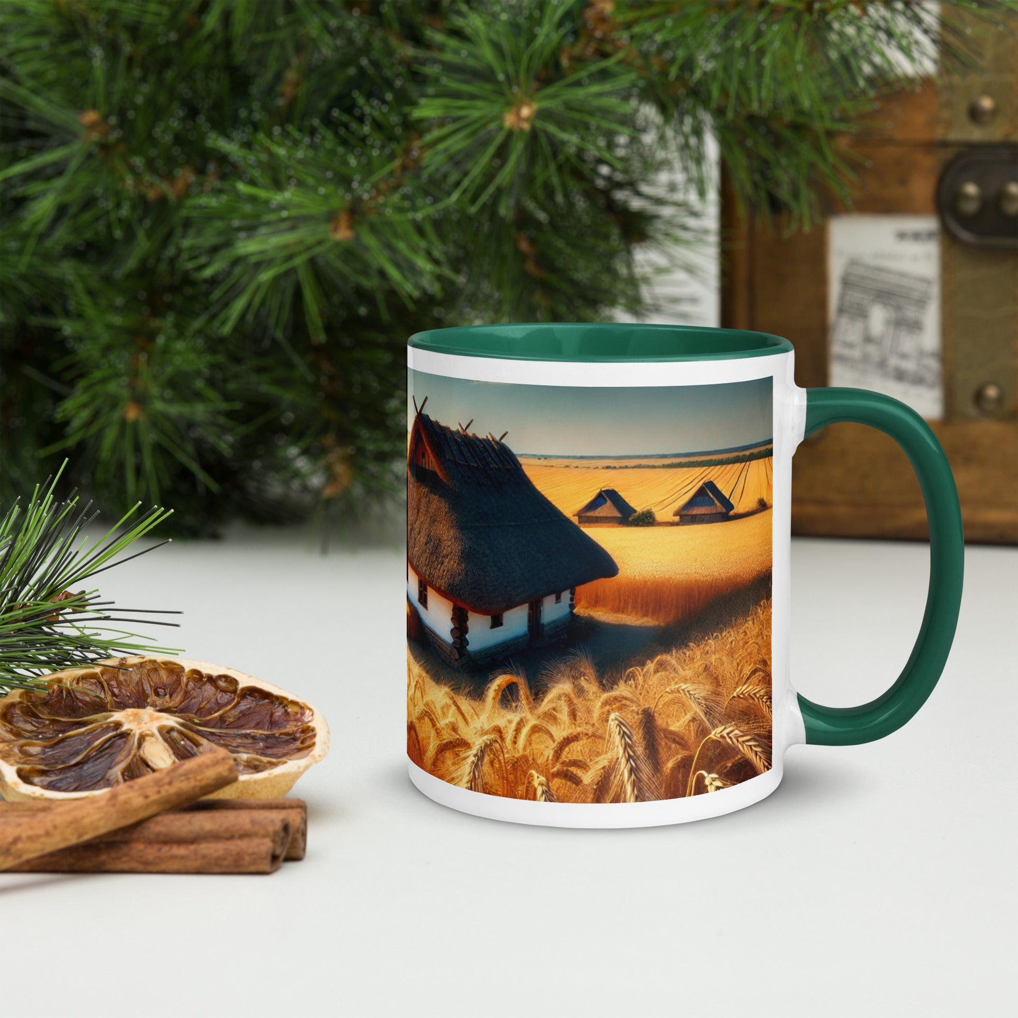 Ceramic mug with Ukrainian cottage and wheat field design, colorful rim and handle, ideal for coffee or tea lovers.