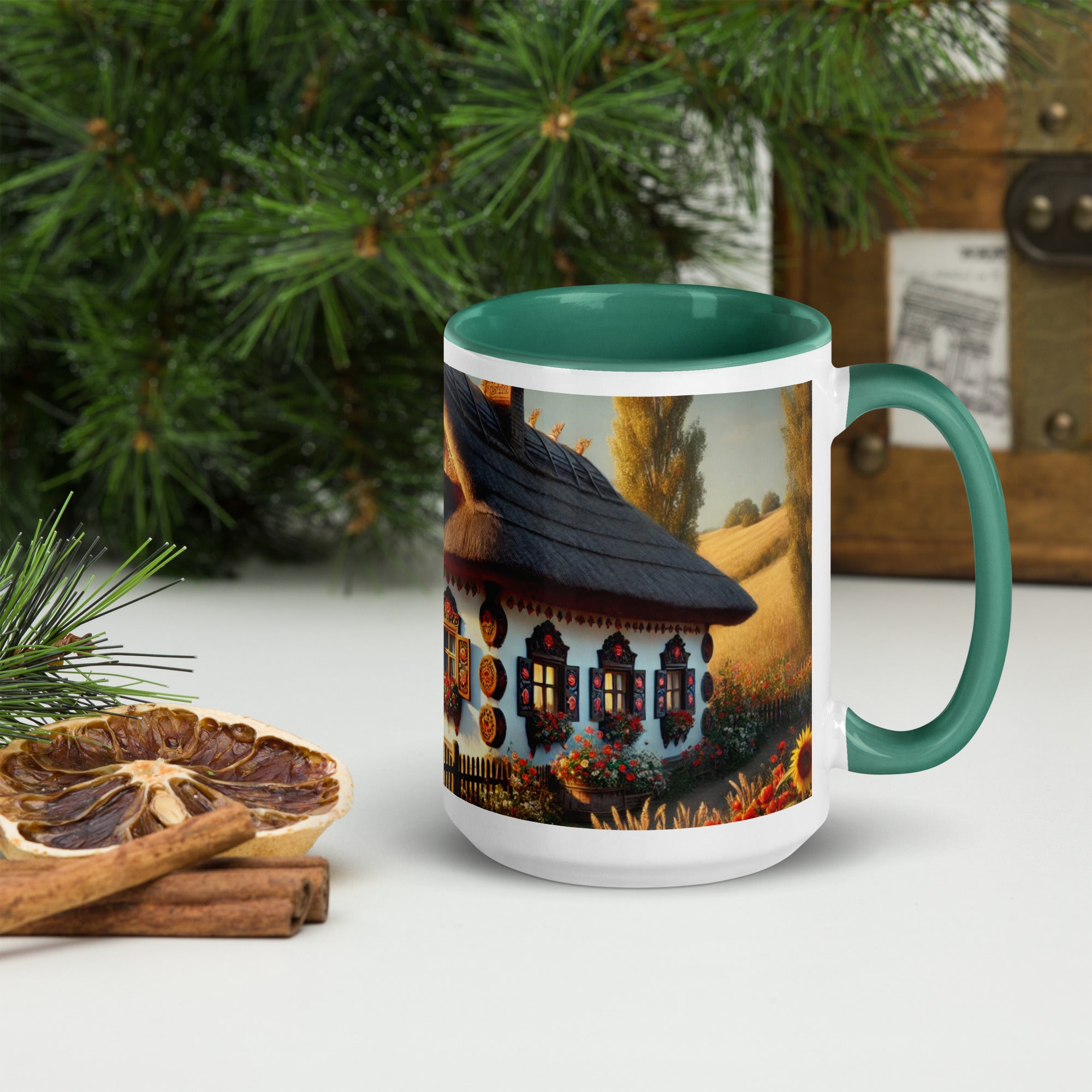 Ceramic mug featuring Ukrainian cottage with scenic yard, green handle and rim, perfect for coffee or tea.