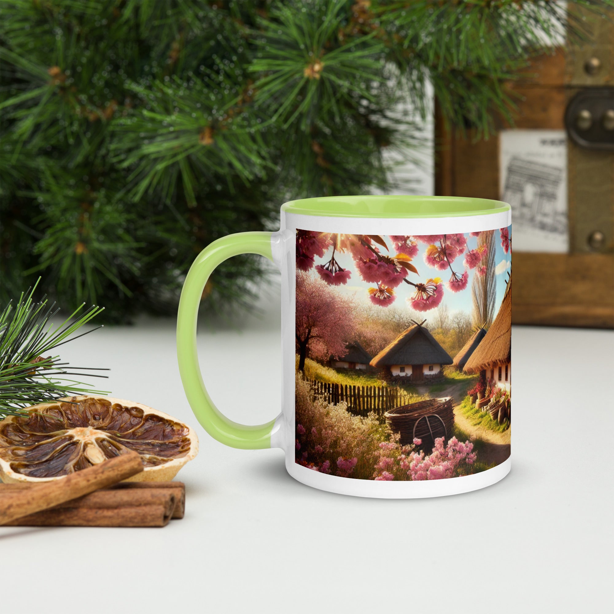 Ukrainian cottage with cherry orchard mug, featuring a vibrant scene with a green rim and handle.