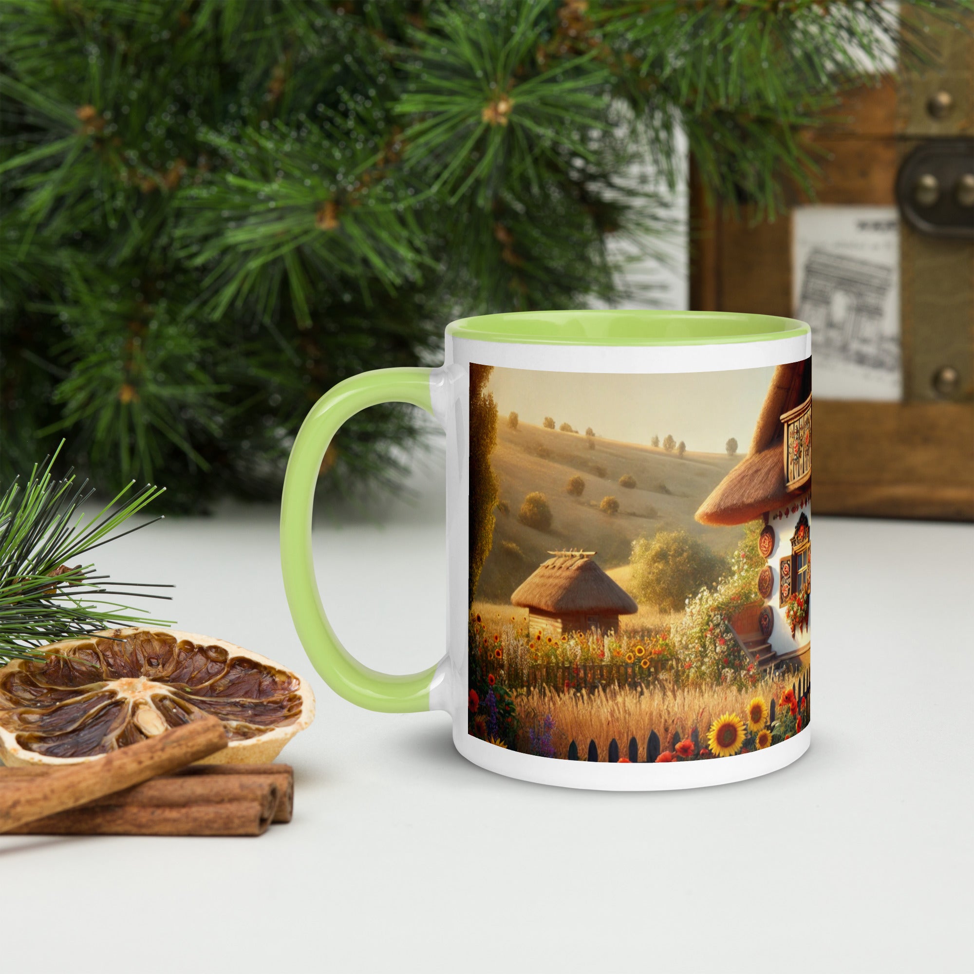 Ukrainian cottage ceramic mug with scenic yard design, green interior and handle, 11 oz and 15 oz sizes, microwave safe