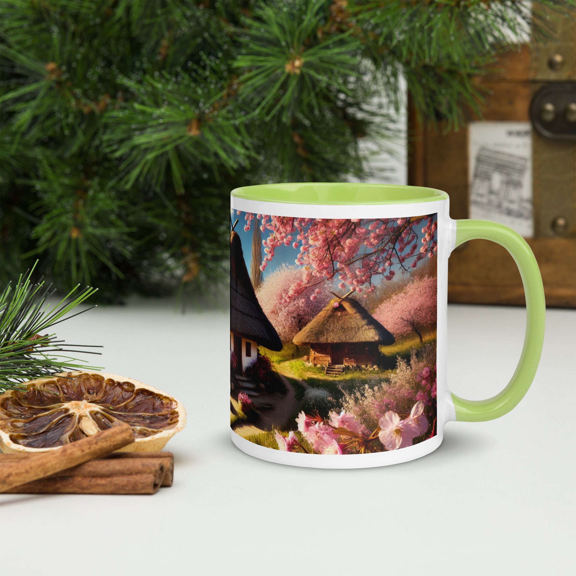 Ceramic mug featuring a Ukrainian cottage with cherry orchard and green accents, perfect for coffee or tea enthusiasts.