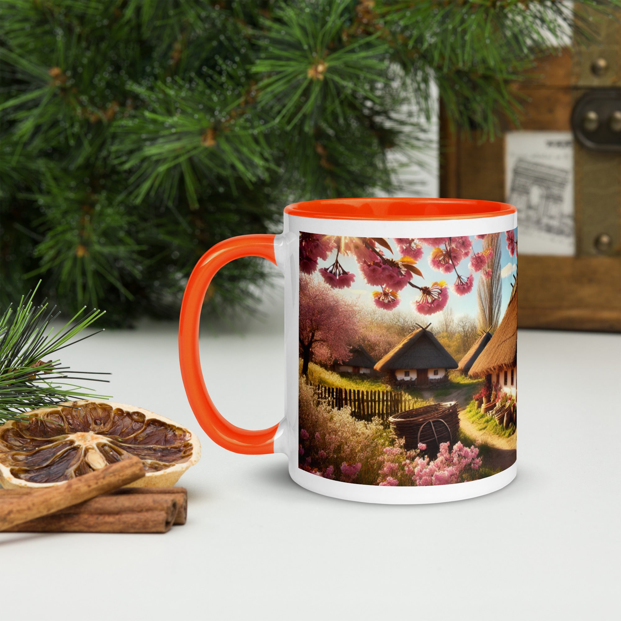 "Ukrainian Cottage with Cherry Orchard Mug featuring a vibrant scene with colorful accents, available in 11 oz and 15 oz sizes"