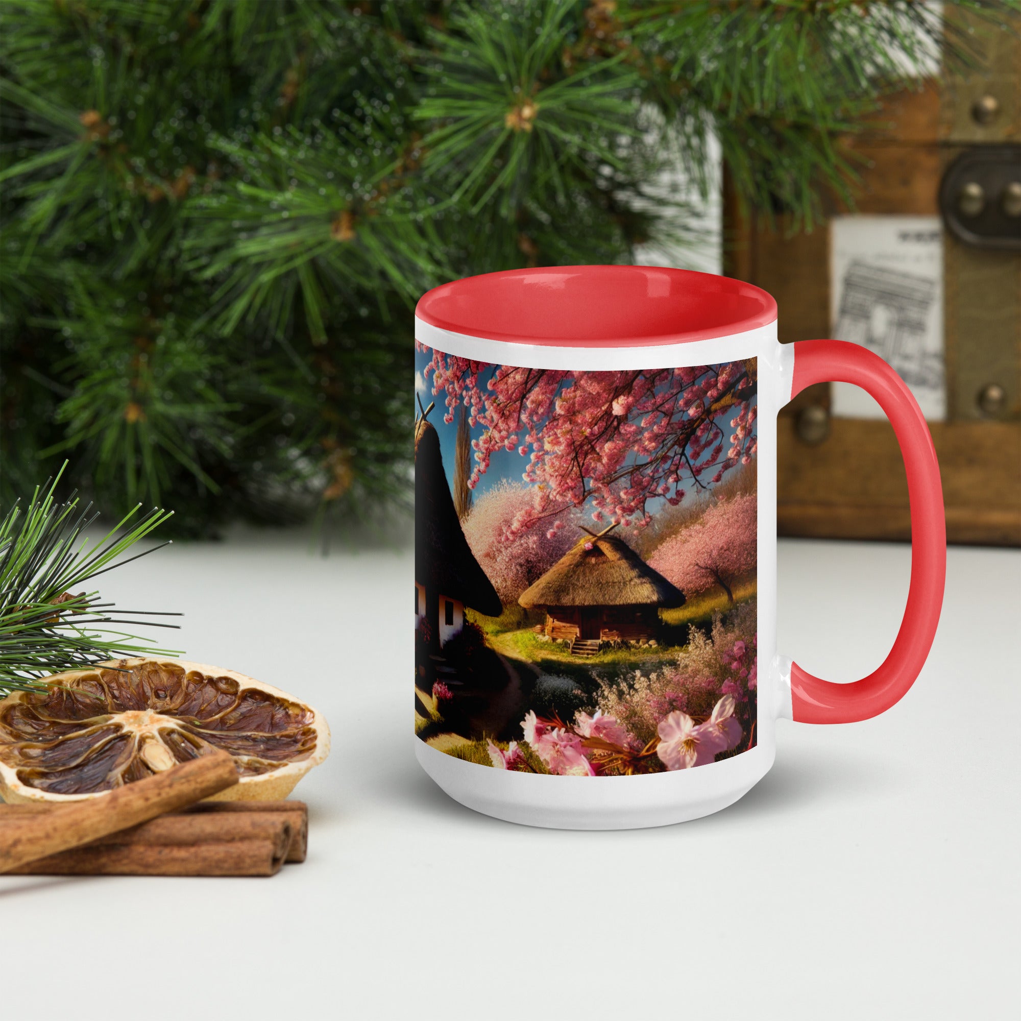 Ukrainian cottage mug with cherry orchard, red rim and handle, ceramic design, surrounded by pine and rustic decor.