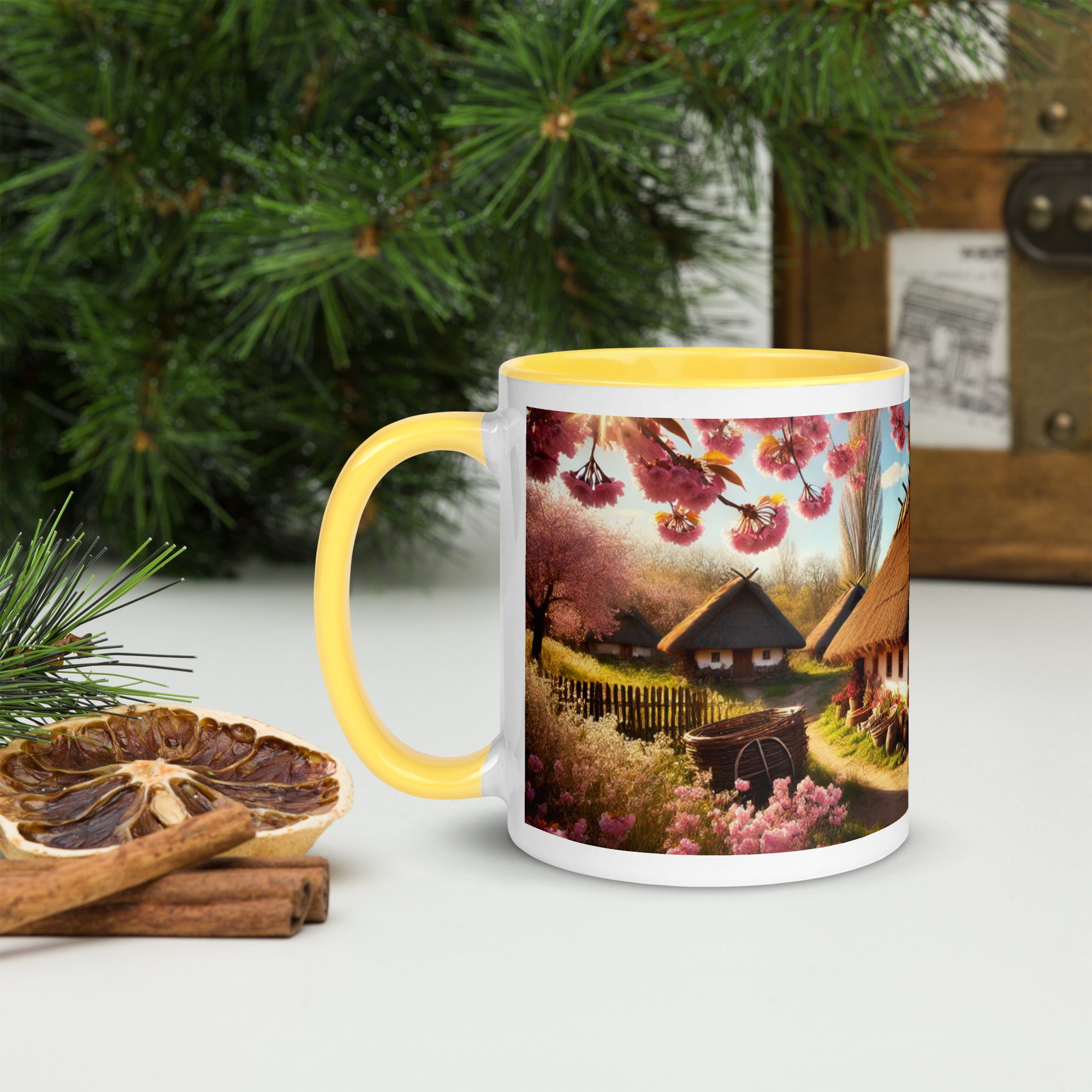 Ukrainian cottage and cherry orchard ceramic mug with yellow accents, surrounded by greenery and dried fruit, 11 oz and 15 oz sizes.