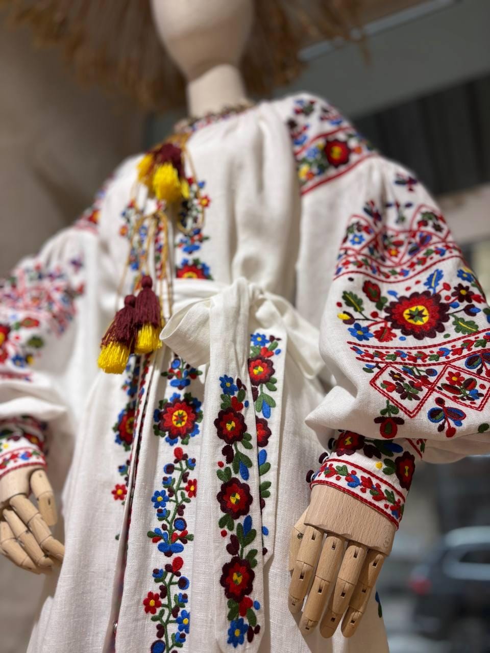 Ukrainian Vyshyvanka dress with colorful embroidery, boho style, 100% linen, showcasing traditional folk designs and elegance.