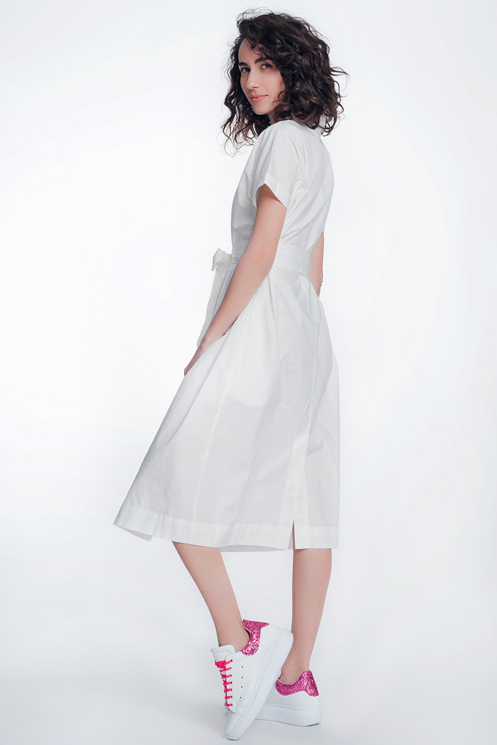 Woman wearing Calviera Belted Poplin Shirt Dress in white, showing side view with short sleeves, collar, and matching belt.