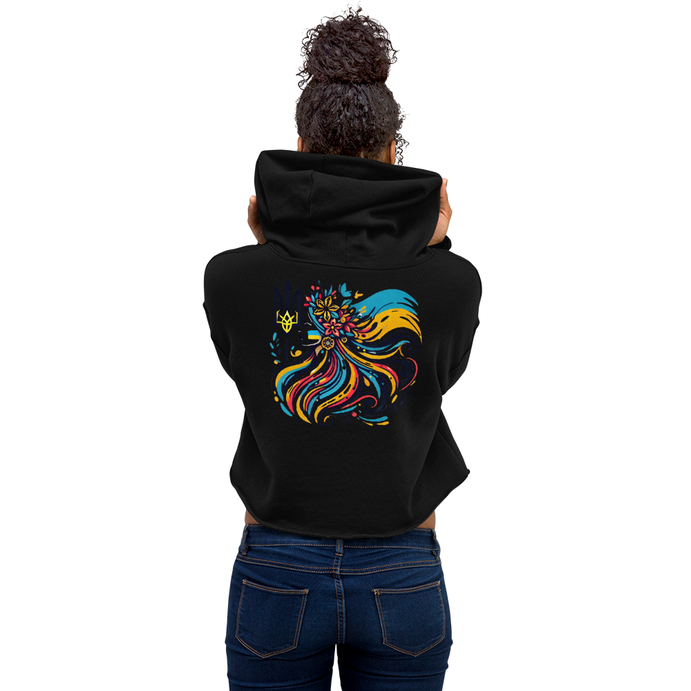 Women's Hoodie with Tryzub on Front and Floral Lady Design on Back – Stylish Blue and Yellow Ukrainian Patriotism Sweatshirt