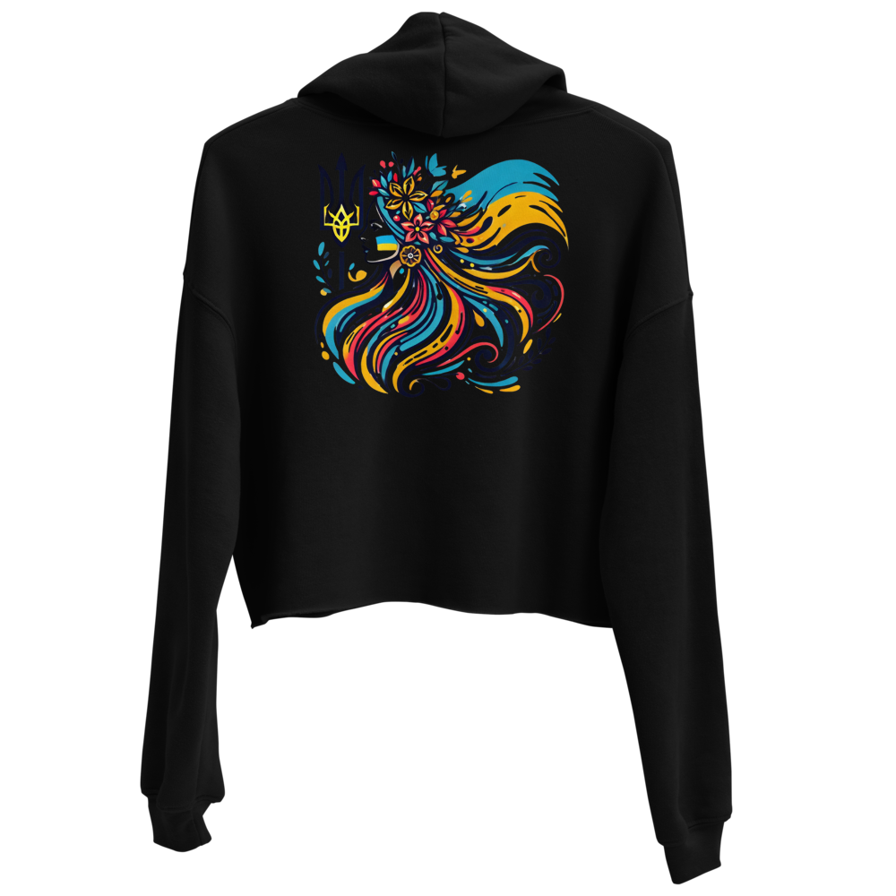 Women's Hoodie with Tryzub on Front and Floral Lady Design on Back – Stylish Blue and Yellow Ukrainian Patriotism Sweatshirt