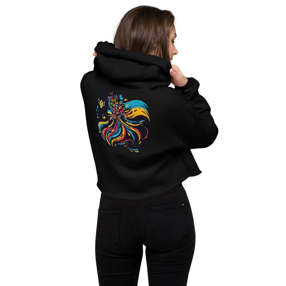 Women's Hoodie with Tryzub on Front and Floral Lady Design on Back – Stylish Blue and Yellow Ukrainian Patriotism Sweatshirt