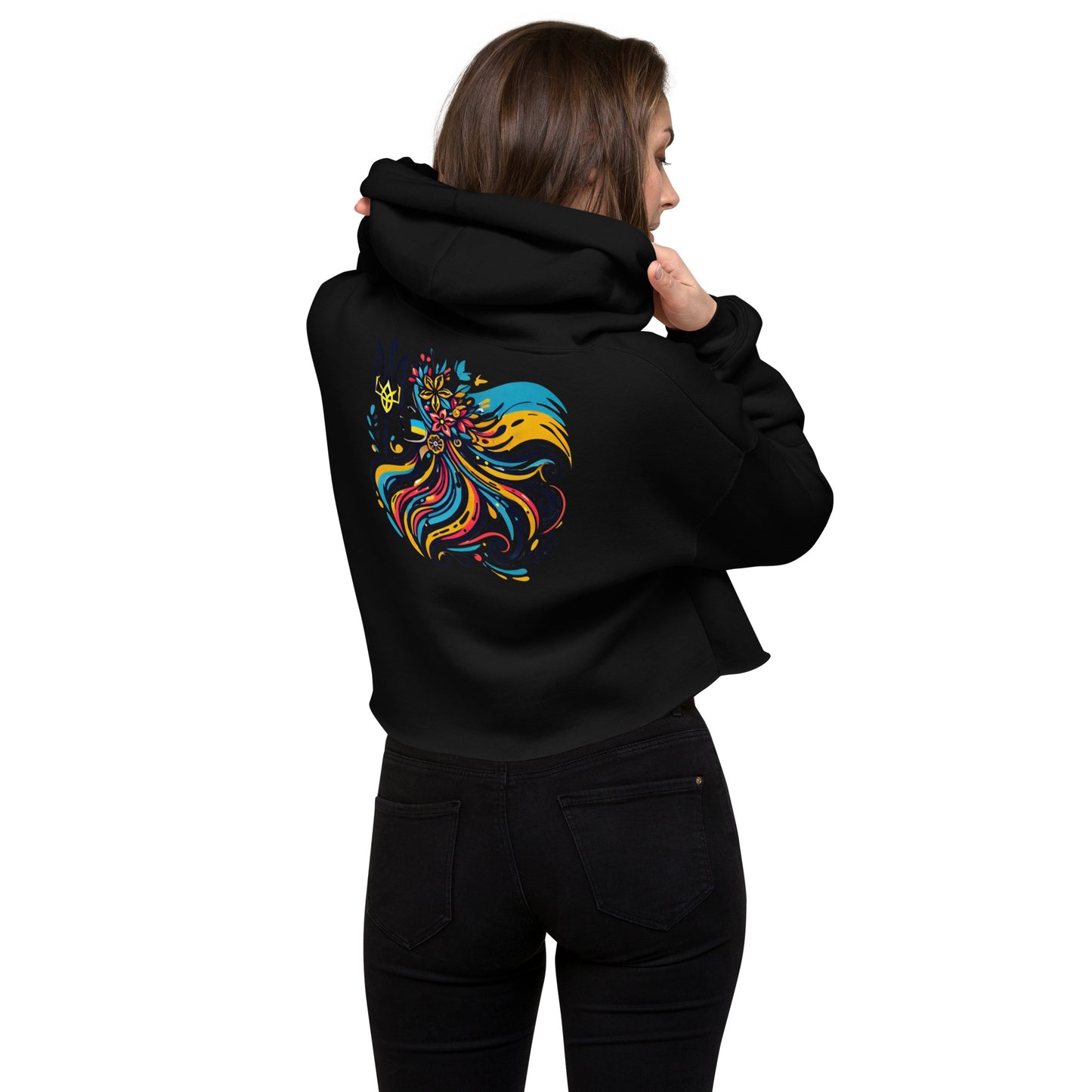 Women's Hoodie with Tryzub on Front and Floral Lady Design on Back – Stylish Blue and Yellow Ukrainian Patriotism Sweatshirt