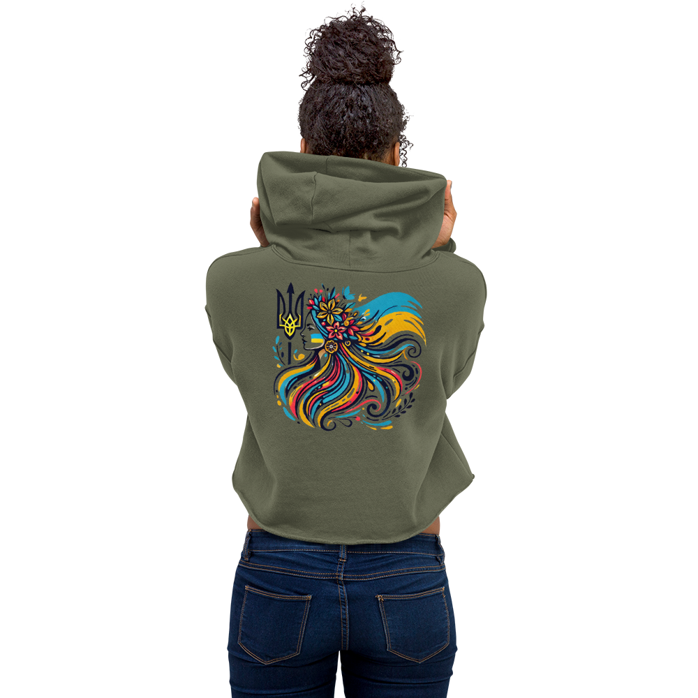 Women's Hoodie with Tryzub on Front and Floral Lady Design on Back – Stylish Blue and Yellow Ukrainian Patriotism Sweatshirt