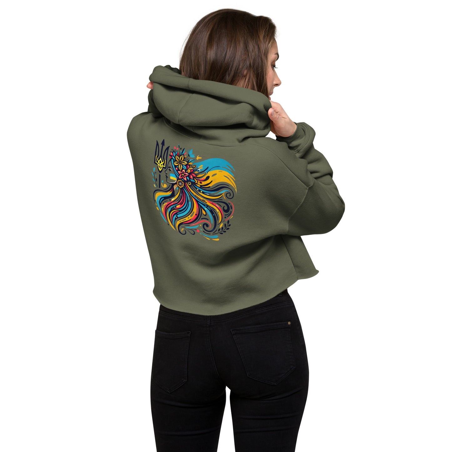 Women's Hoodie with Tryzub on Front and Floral Lady Design on Back – Stylish Blue and Yellow Ukrainian Patriotism Sweatshirt