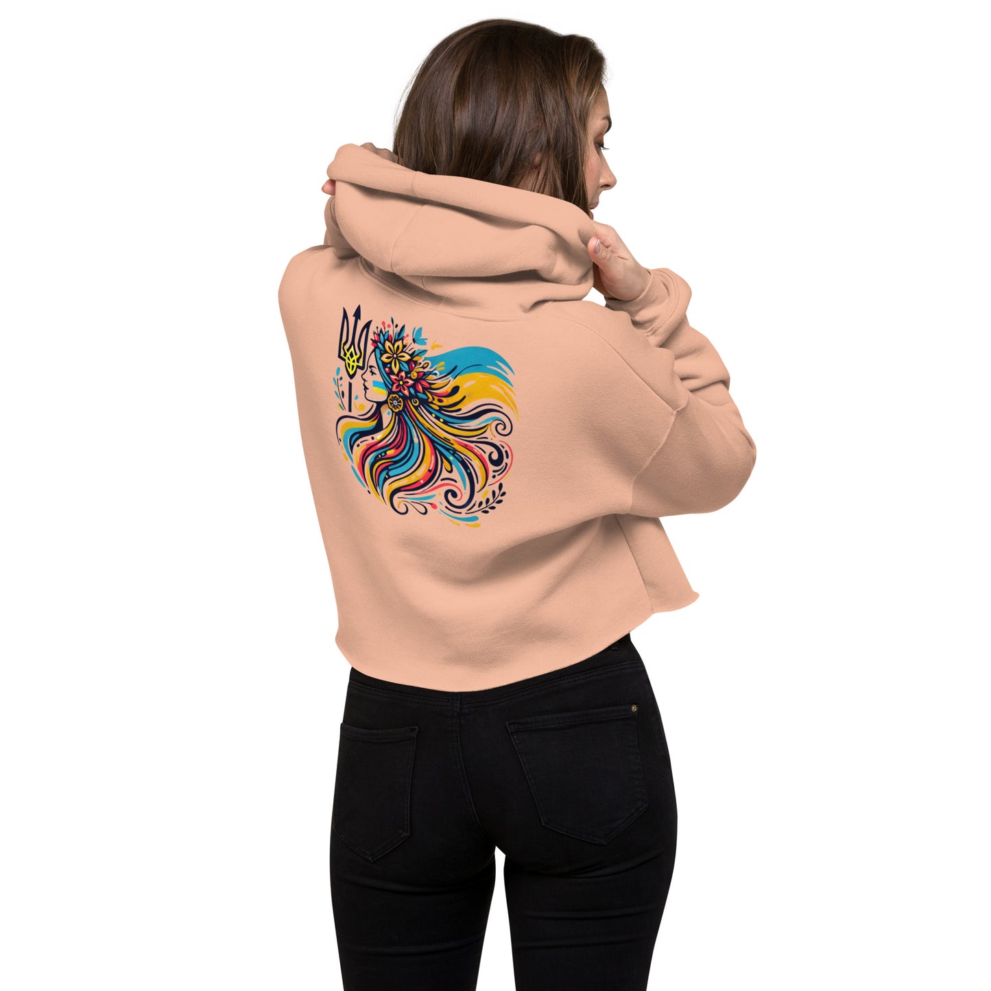 Women's Hoodie with Tryzub on Front and Floral Lady Design on Back – Stylish Blue and Yellow Ukrainian Patriotism Sweatshirt