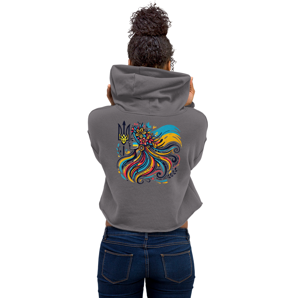 Women's Hoodie with Tryzub on Front and Floral Lady Design on Back – Stylish Blue and Yellow Ukrainian Patriotism Sweatshirt